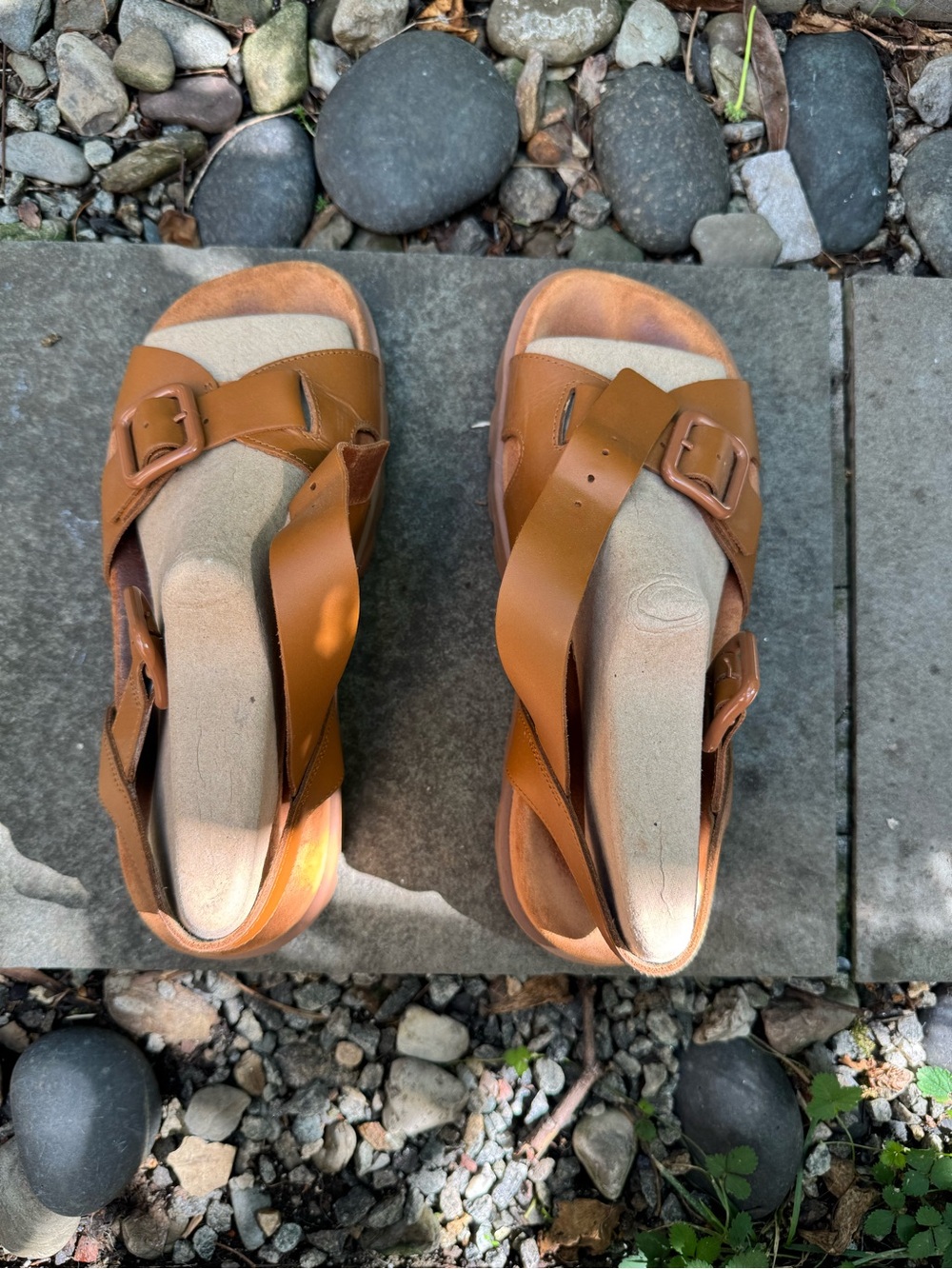 Camper Cognac Brown Leather Buckle Slide Sandals